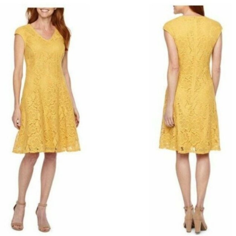 Liz Claiborne Floral Lace Cap Sleeve Yellow Dress